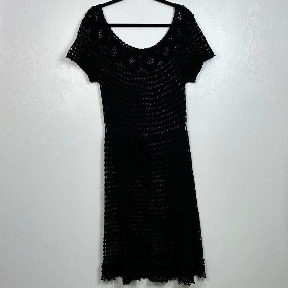 Black Open Knit Vintage Short Sleeve Scoop Neck Midi Dress Size L